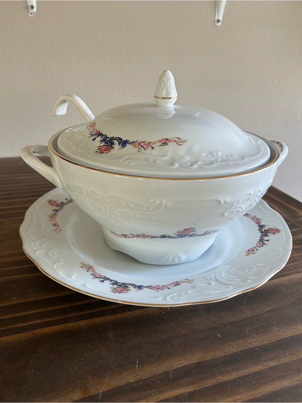 White Porcelain Soup Tureen Set with Gold Trim and Floral Swags